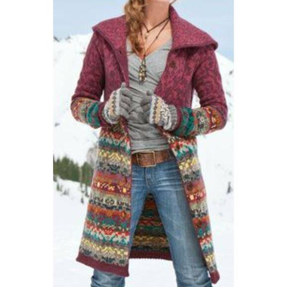 Sundance Sweaters - Sundance Long Maroon Multi-Color Patterned Cardigan Coat